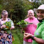 Turistas recolectando ingredientes frescos en una huerta orgánica en La Fortuna, Costa Rica, como parte de un tour de cocina desarrollado con consultoría turística