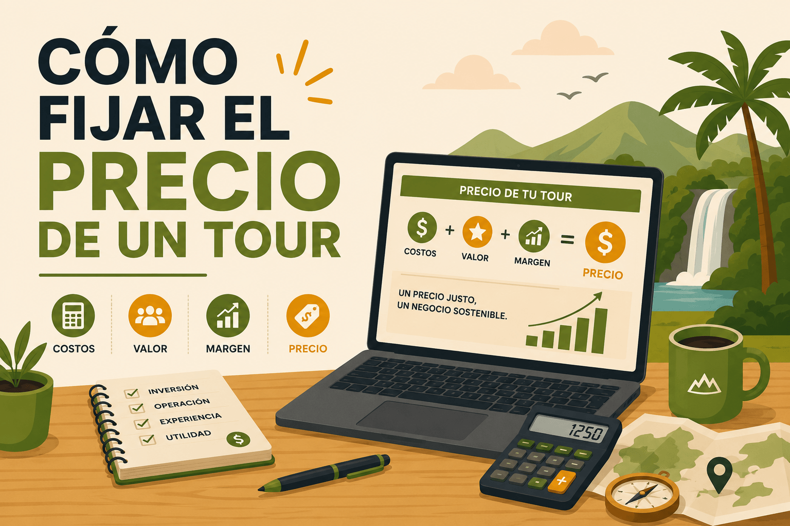 Computadora con gráficos para mostrando como fijar el precio de un tour en una operadora turística