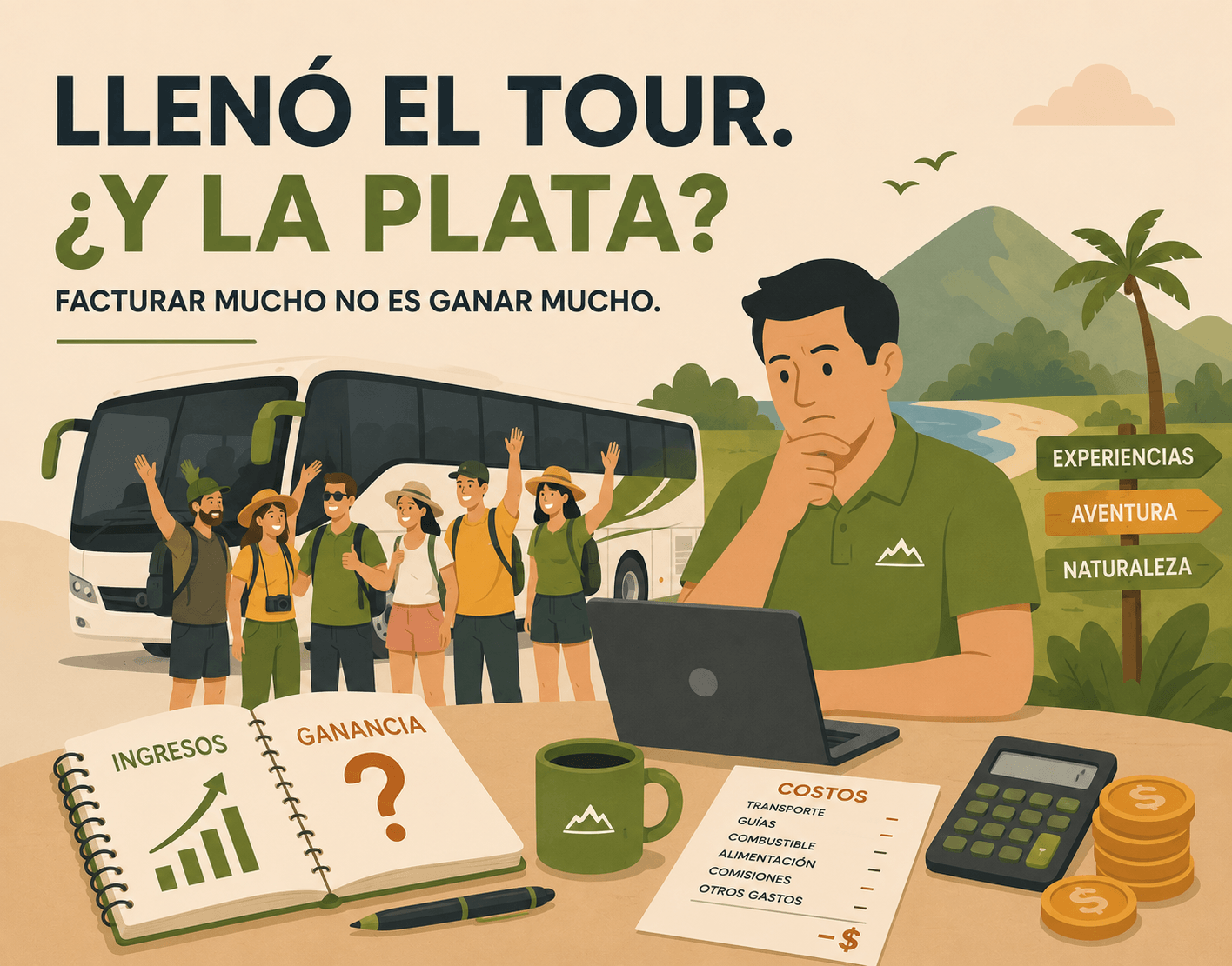 Operador de turismo pensativo frente a su laptop, con una libreta que muestra ingresos en alza pero ganancia con signo de interrogación, ilustrando por qué su tour no es rentable aunque llene los tours
